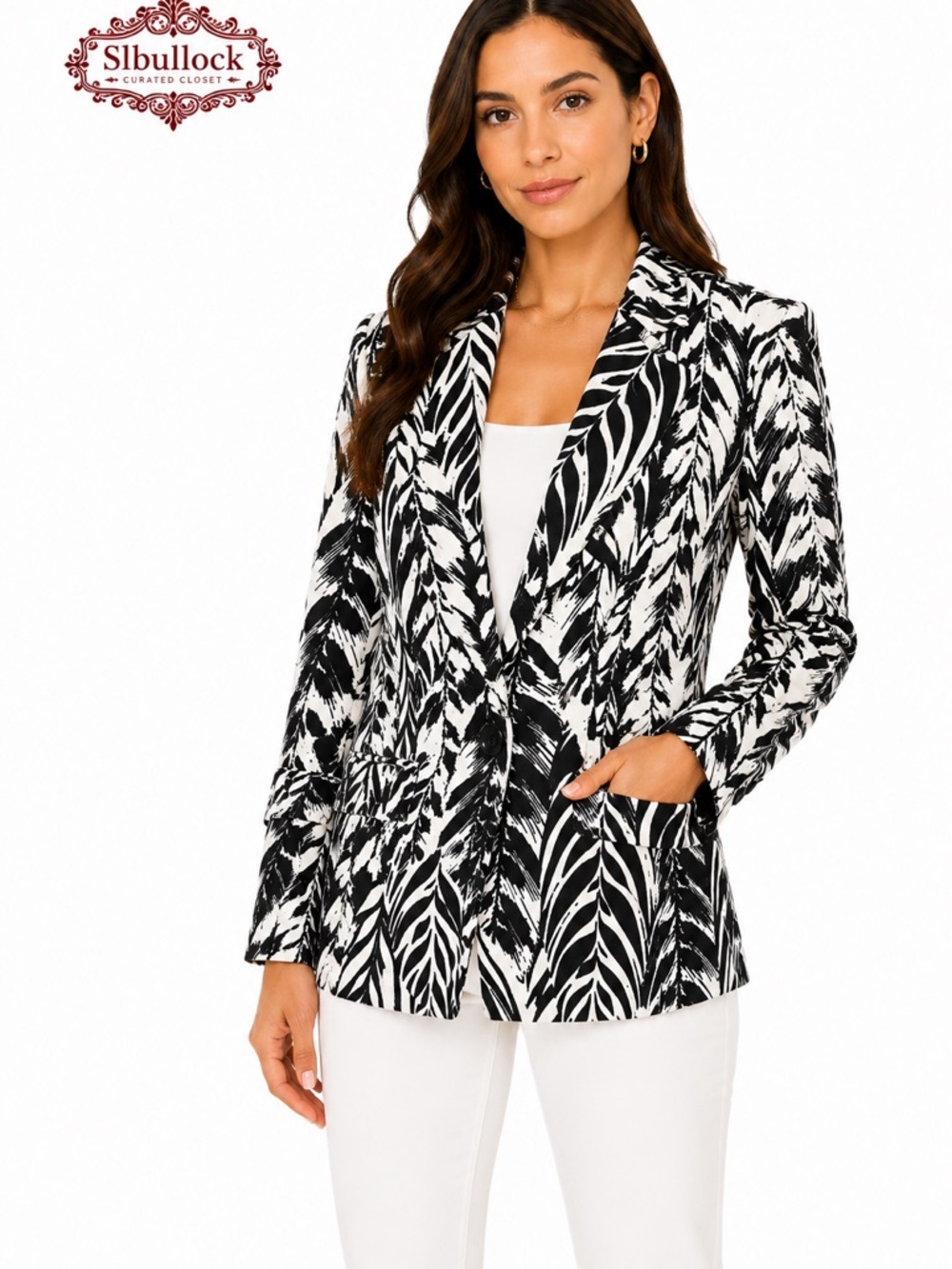 ROZ & ALI Black White Tropical Leaf Print Blazer Jacket Size 8 Fully Lined NWOT